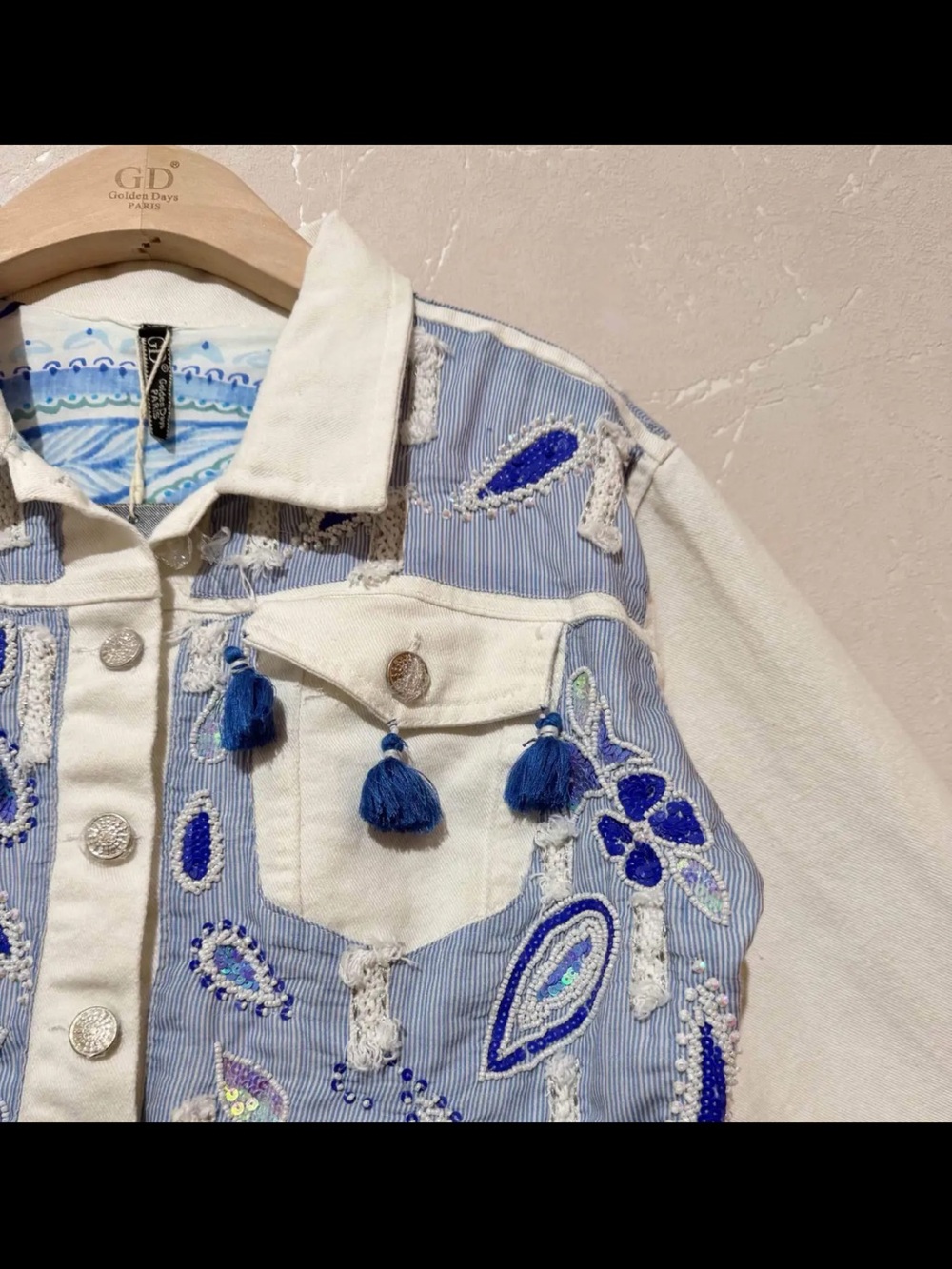 Statement piece Blue & White Embroidered Tassel Jean Jacket